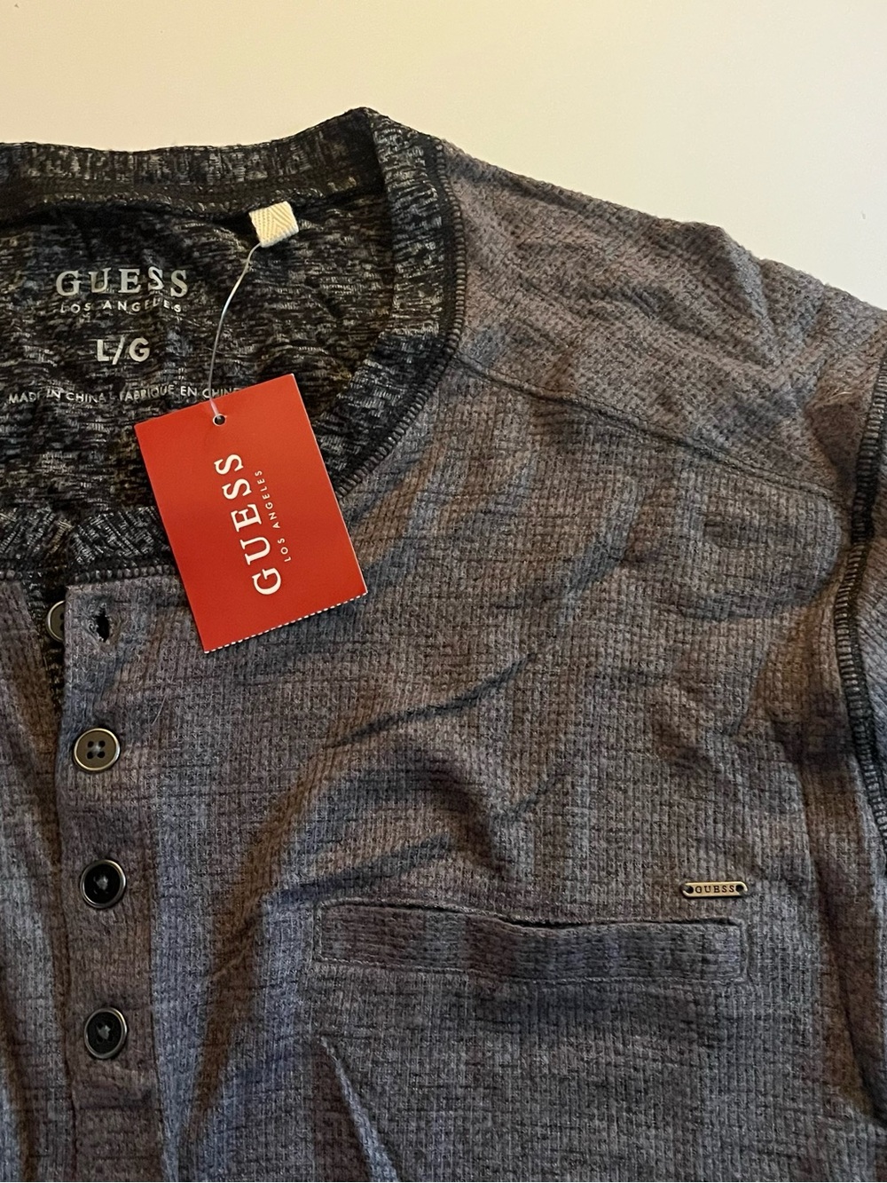 NWT GUESS Men’s Dark Charcoal Henley Long Sleeve Shirt - Size L